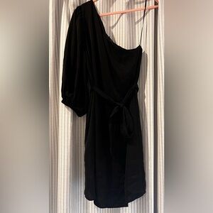 One shoulder black dress with self tie belt